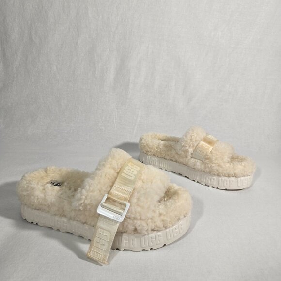 UGG Fluffita Real IVORY Curly Fur Lamb Sheepskin Chunky Platform Sandals Size 8. - Picture 1 of 17